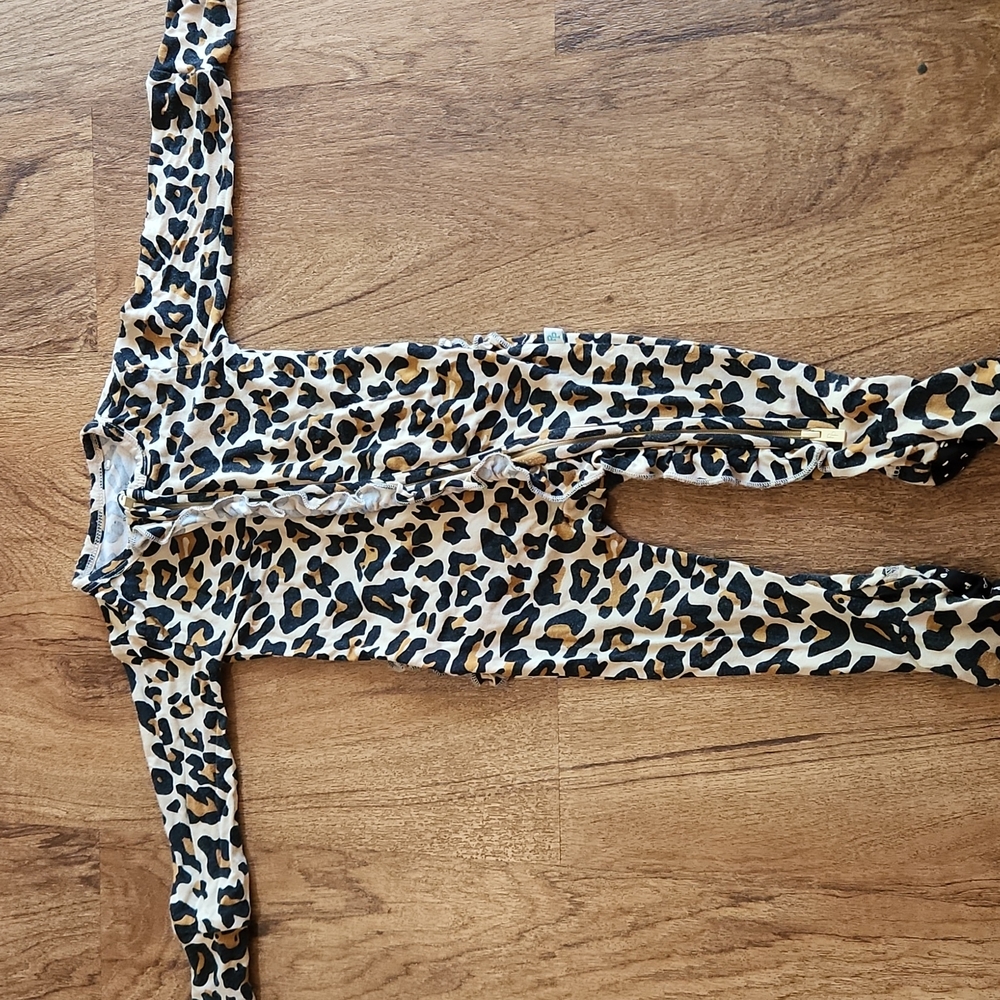 Posh Peanut leopard tan footie ruffled one piece